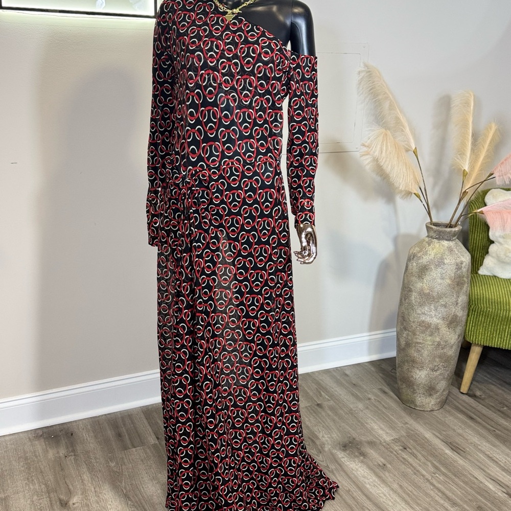 Vikky Elegant Black and Red Patterned one shoulder Women's Maxi Dress